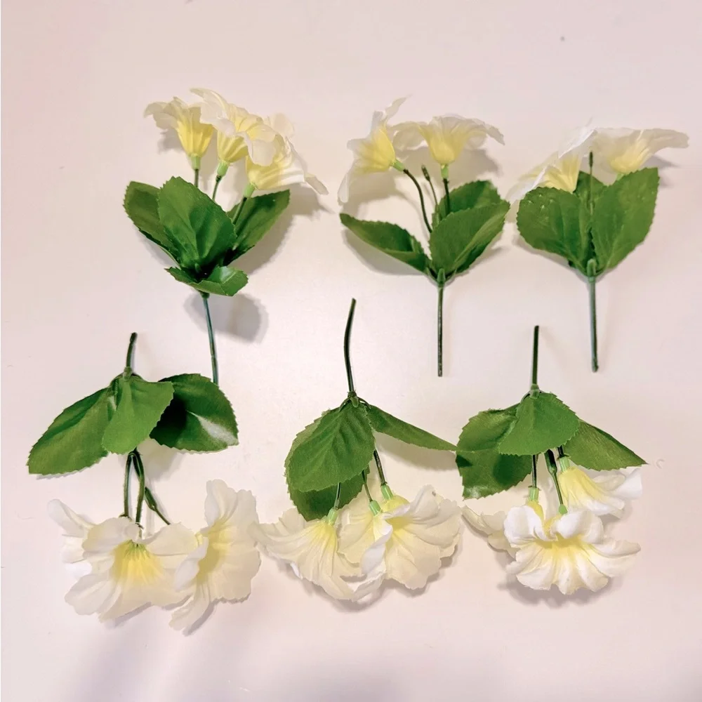 6 White & Yellow Petunia Flower Stems Floral Arrangement Faux Flowers LIFELIKE
